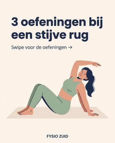 Een tekening van een vrouw die op een mat haar rug strekt, met de tekst: 3 oefeningen bij een stijve rug. Swipe voor de oefeningen. Fysio Zuid.